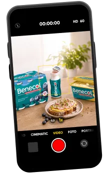 Telefon pokazujący zdjęcie momentu z produktem Benecol
